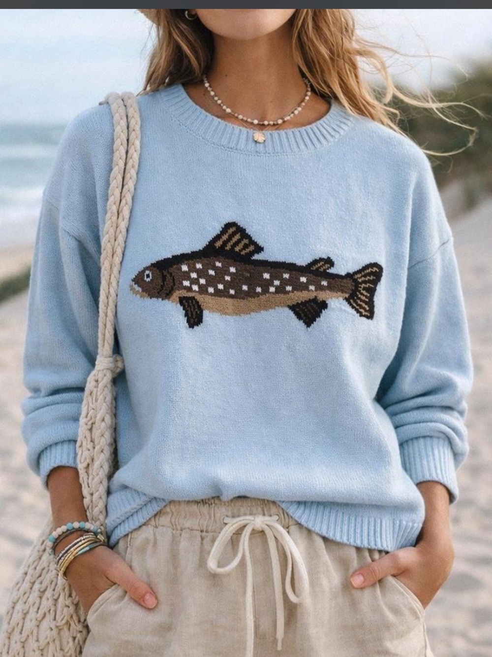 Fish sweater Light Blue trout fish boutique Crewneck Sweater size large